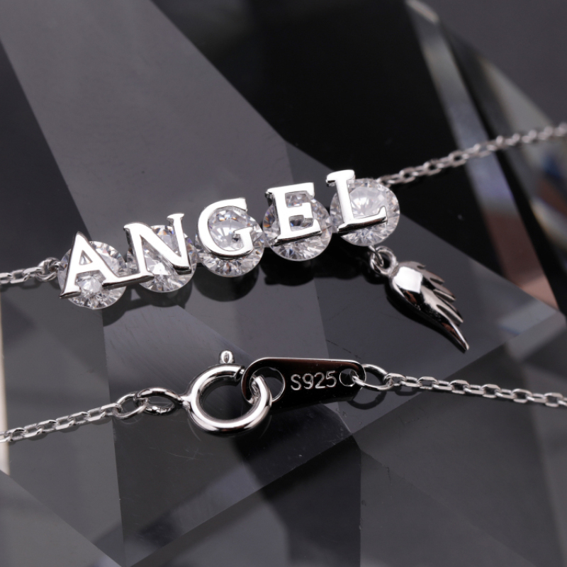 Real S925 Sterling Silver Angel Pendant Necklace Round Crystal Zircon Necklace with Wing Charm