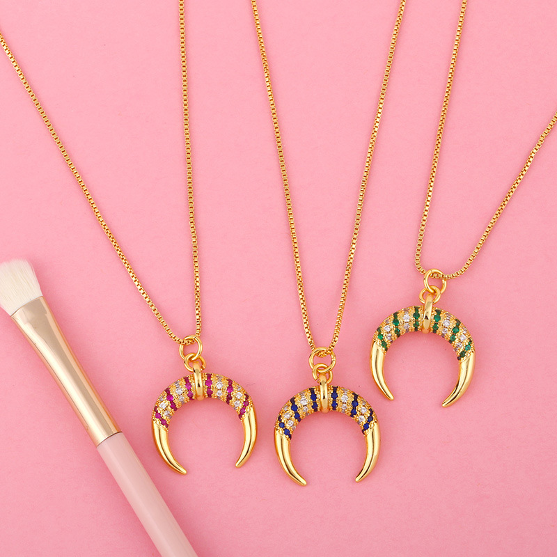 2021 Multi Color Muslim Jewelry Cubic Zirconia Moon Necklace Gold Plated Crescent Pendant Necklace