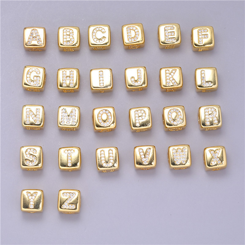 9MM CZ Micro Pave 18K Gold Plated Brass Zircon Letter Alphabet Square Beads for Necklace Bracelet Making