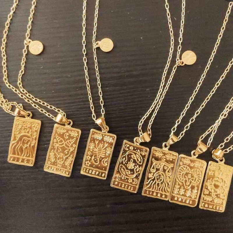 Custom design gold plated retro hip hop style amulet rectangle moon star 12 zodiac pendant tarot card necklace
