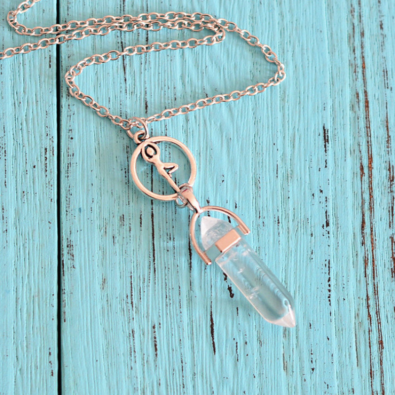 Natural Stone Bullet Shape Crystal Stone Quartz Healing Point Antique Silver Plated Alloy Pendant Necklace For Women