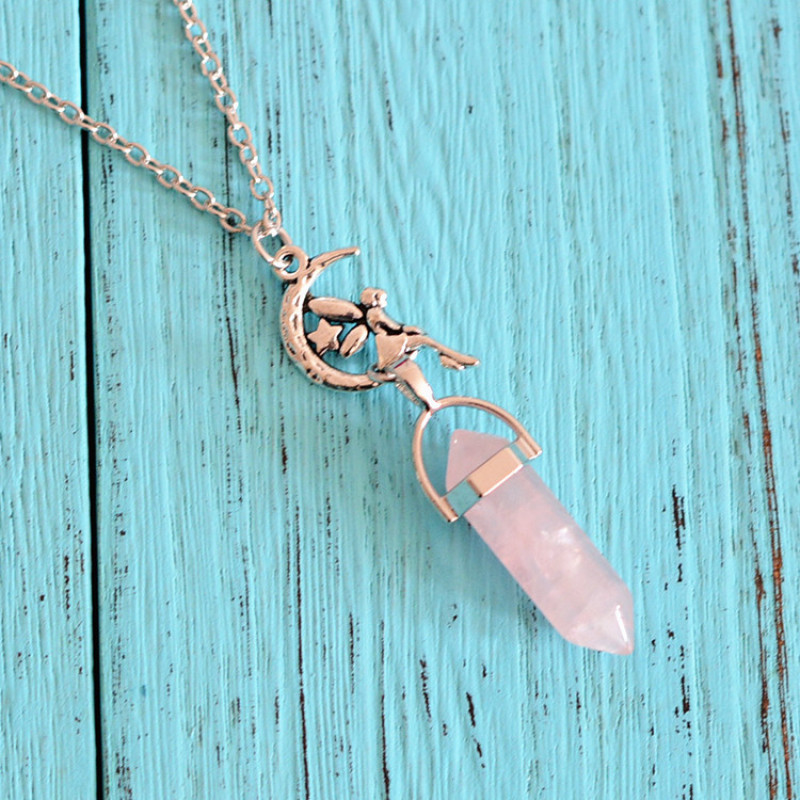Natural Stone Bullet Shape Crystal Stone Quartz Healing Point Antique Silver Plated Alloy Pendant Necklace For Women