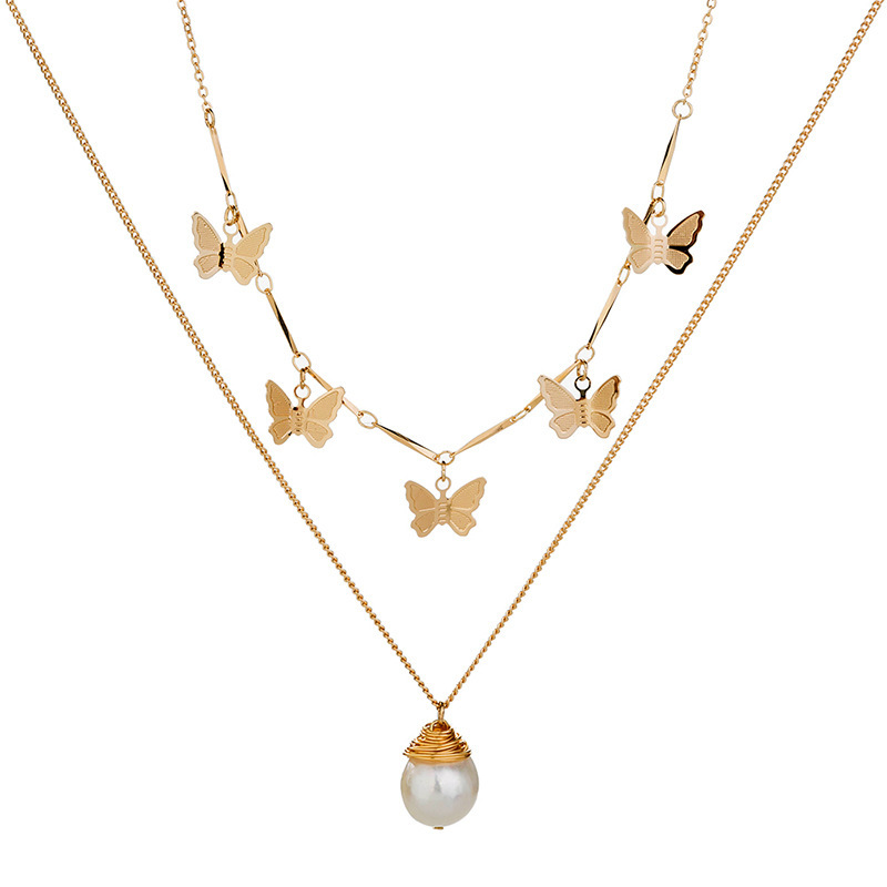 Fashion Gold Plated Alloy Multi Layer Pearl Butterfly Charm Necklace