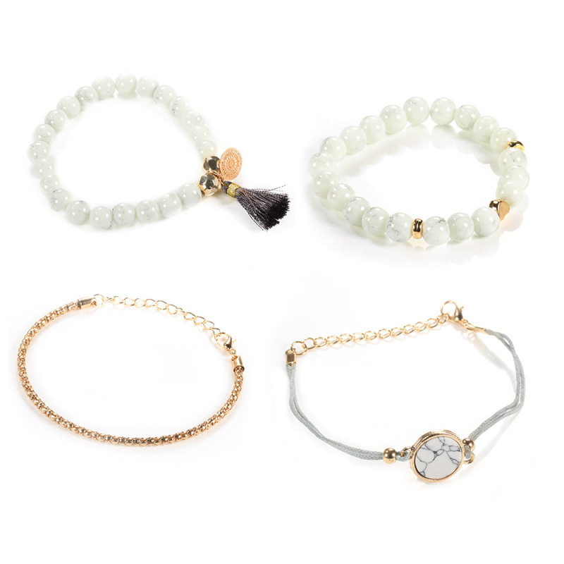 4 Pcs /et Handmade Metal Heart Round Plated Turquoise Stack Tassel Bead Bracelet Set With Tassel