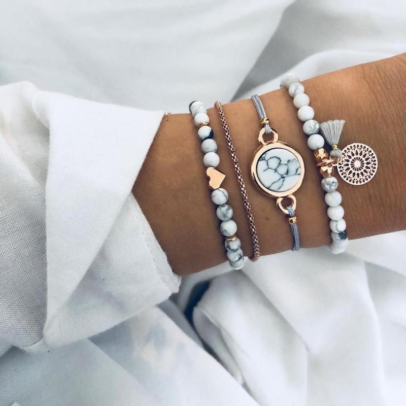 4 Pcs /et Handmade Metal Heart Round Plated Turquoise Stack Tassel Bead Bracelet Set With Tassel