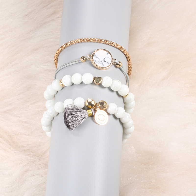 4 Pcs /et Handmade Metal Heart Round Plated Turquoise Stack Tassel Bead Bracelet Set With Tassel
