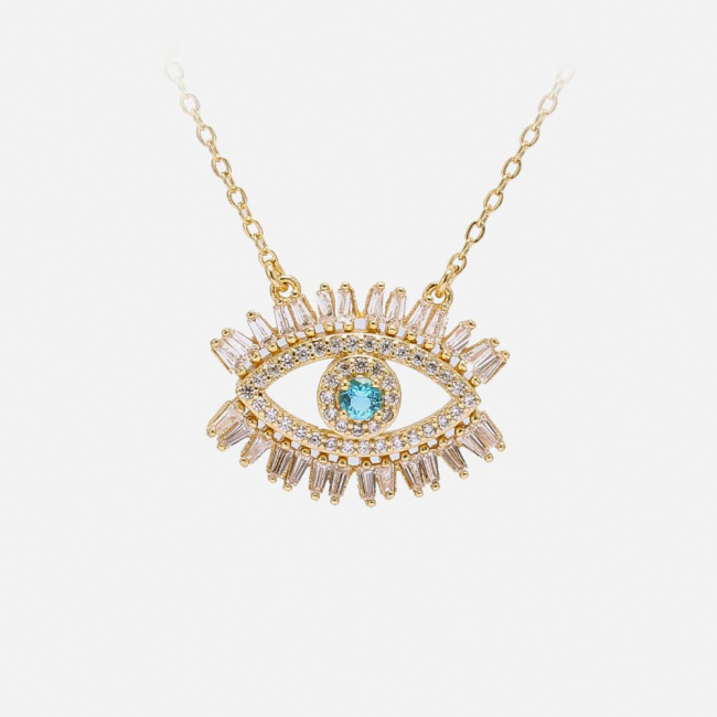 Wholesale Women Fashion Accessories Korean Gold Plated Colored Zirconia Blue Devil Eyes Brass Pendant Jewellery Necklace