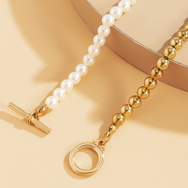 Bohemian Splicing Baroque Pearls Ball Shape Chain OT Necklace Jewelry Stainless Steel Gold Beaded Pearls Necklace For Women
