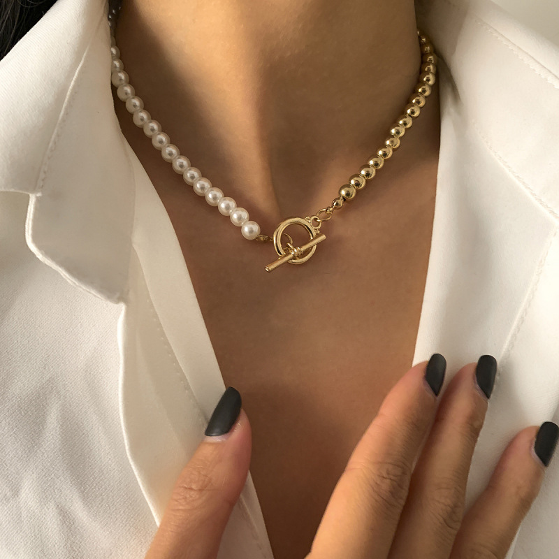 Bohemian Splicing Baroque Pearls Ball Shape Chain OT Necklace Jewelry Stainless Steel Gold Beaded Pearls Necklace For Women