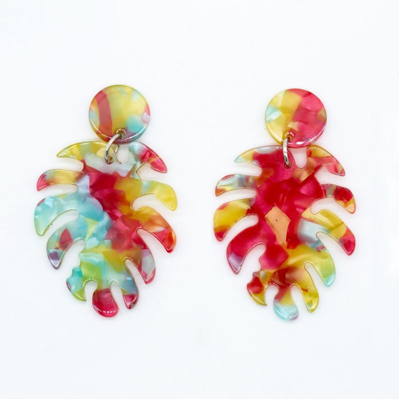 Hot Sell Vintage Style Personality Colorful Acrylic Leaf Acetate Jewelry Pendant Earrings for Women