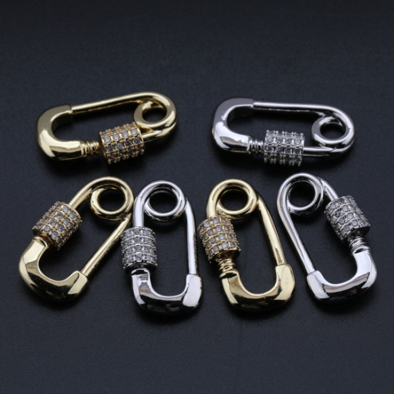 Custom Wholesale Fashion Gold Plated Copper Zircon Pin Shaped Carabiner Jewelry Accessory for Bracelet Necklace Earrings Making