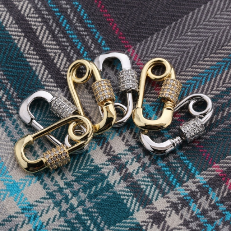 Custom Wholesale Fashion Gold Plated Copper Zircon Pin Shaped Carabiner Jewelry Accessory for Bracelet Necklace Earrings Making