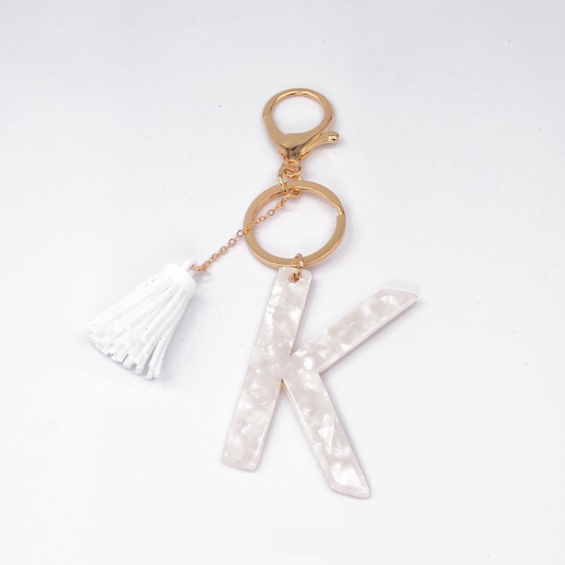 Handmade Handbag Decorate Gold Chain and Clasp A to Z Acrylic Letter Alphabet Keychain with White Tassel