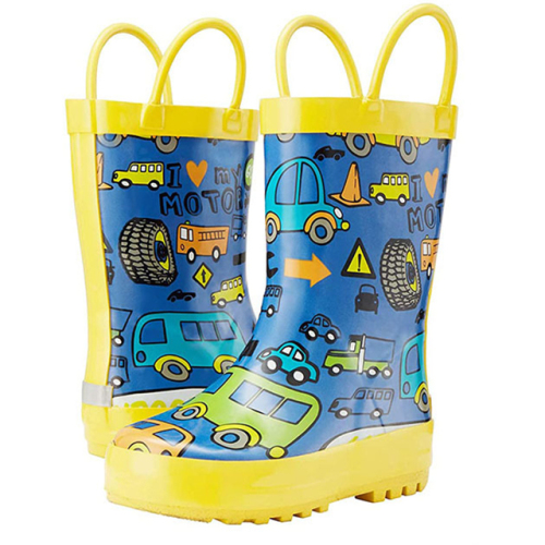 Yellow Boys Rubber Boots with Lovely Cars Printing Gumboots for kids Rain Wellies