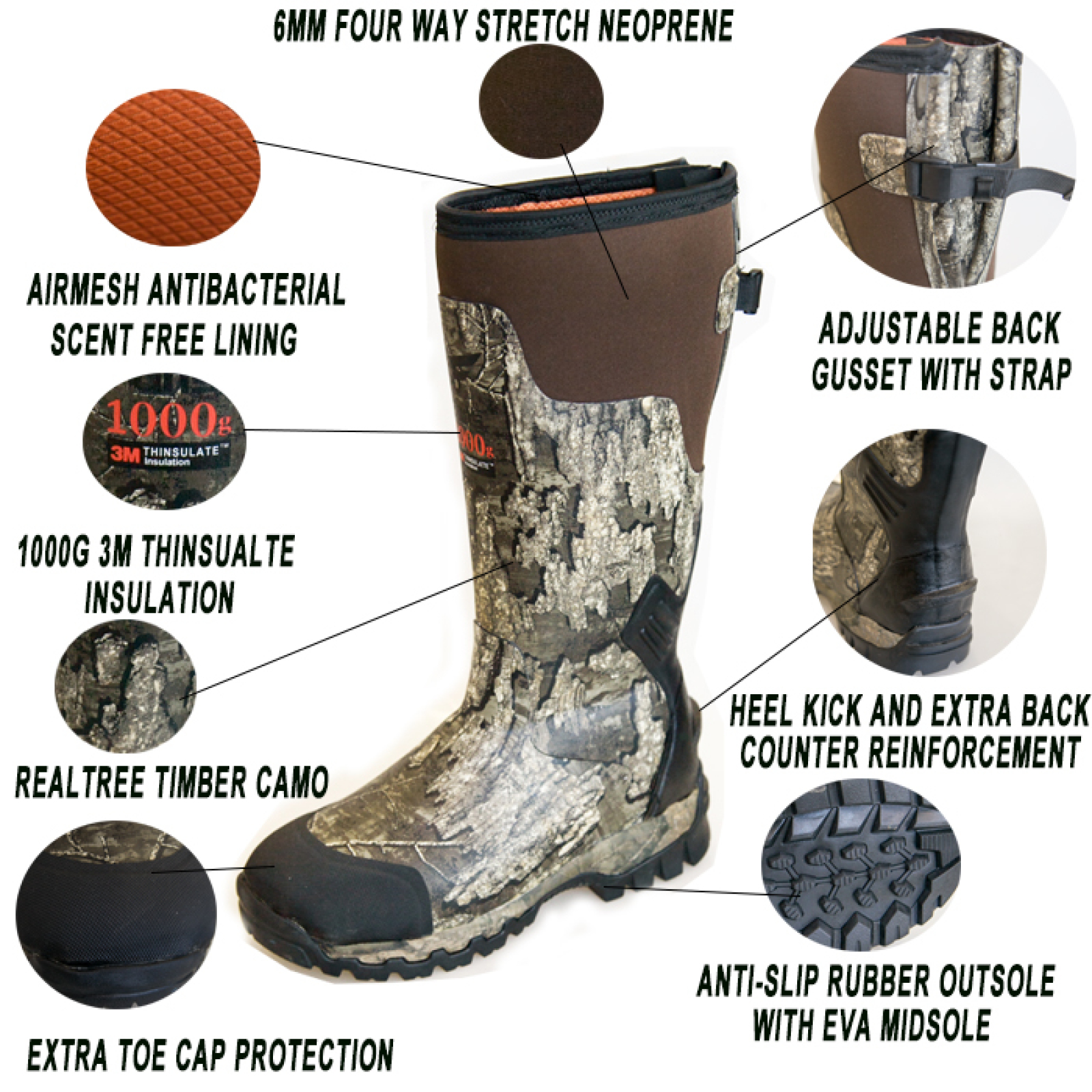 Men's Waterproof Camo Outdoor Rubber Neoprene Hunting Boots