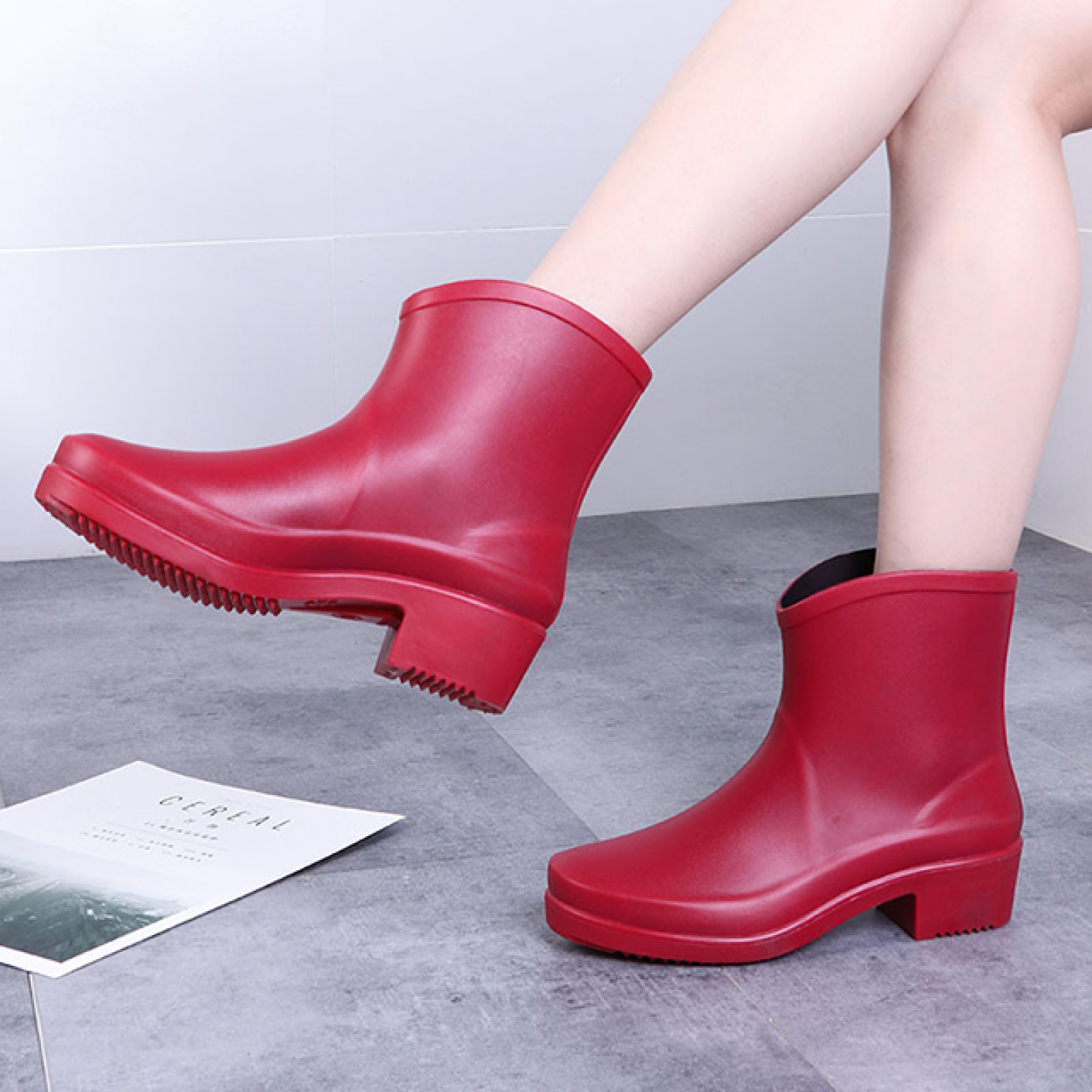 Fashion Short Tube High-heeled Rain Boots Women's Adult  Anti-skid Waterproof PVC Boots