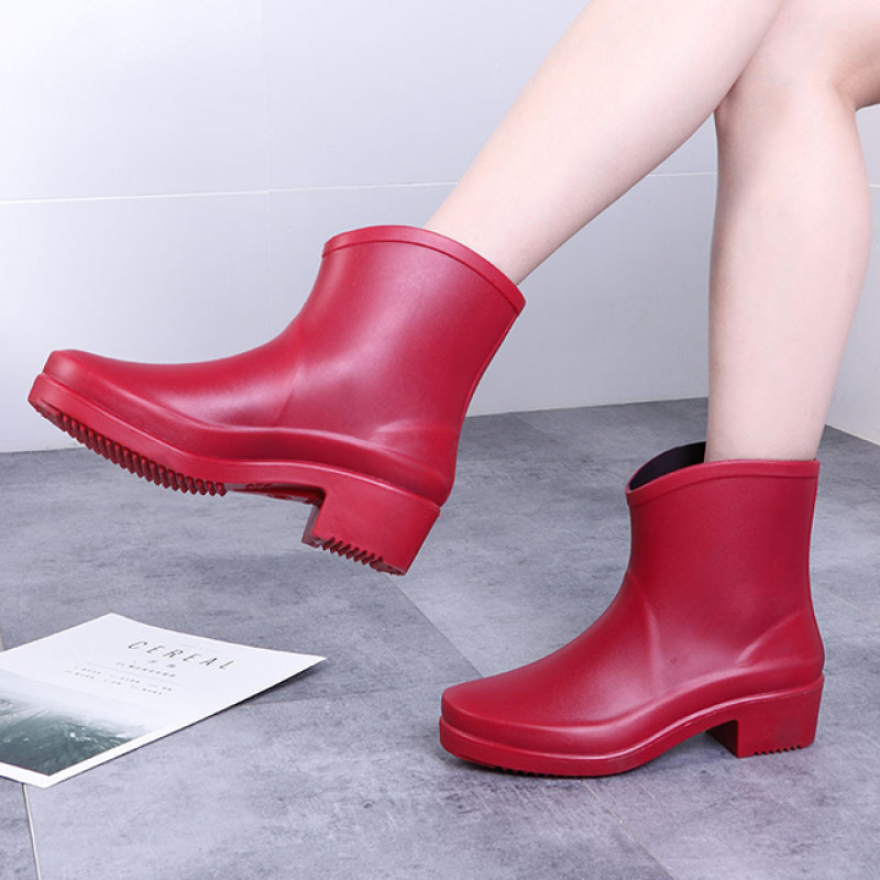 Fashion Short Tube High-heeled Rain Boots Women's Adult  Anti-skid Waterproof PVC Boots
