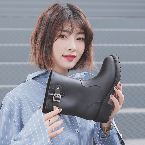Special New Middle Heel Rain Shoes Women's Fashion Square Buckle Anti-skid PVC Rain Boot