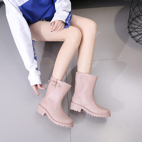 Special New Middle Heel Rain Shoes Women's Fashion Square Buckle Anti-skid PVC Rain Boot