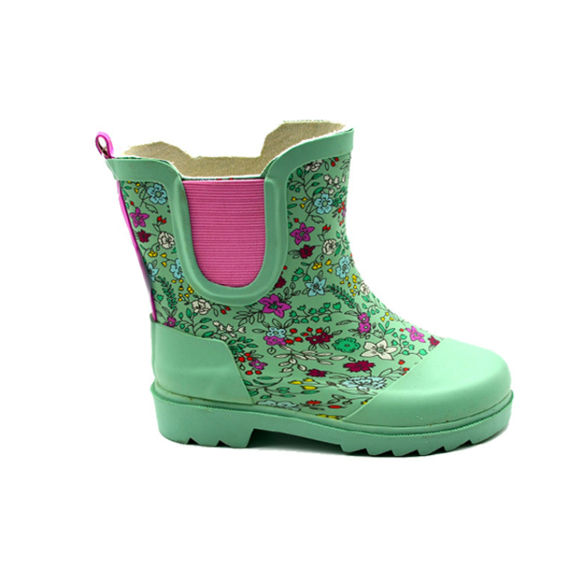 Green Toddlers Ankle-high Natural Rubber Boots Rain Shoes with Printing for Kids