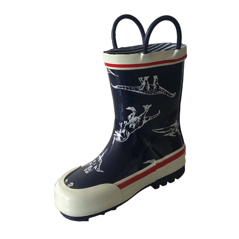 Kids Dinosaur Printing Waterproof Rubber Rain Boots With Handle