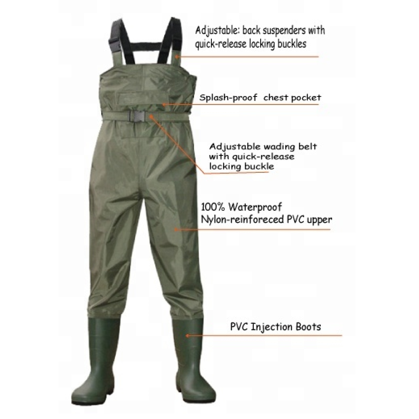 Cleated Fishing Hunting 2-Ply Nylon PVC Waterproof Boot-foot Chest Waders