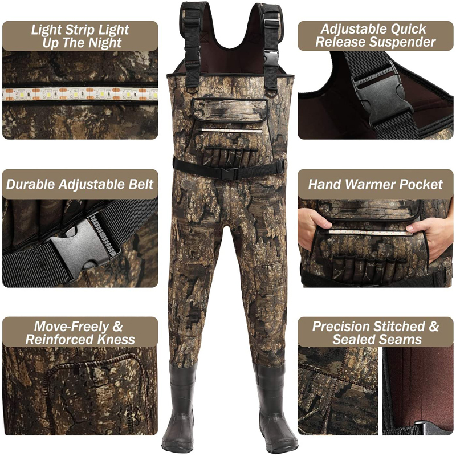 Men's Camo Hunting  Waders New Style Fishing Wader  With LED Light Camo Chest Neoprene Boots