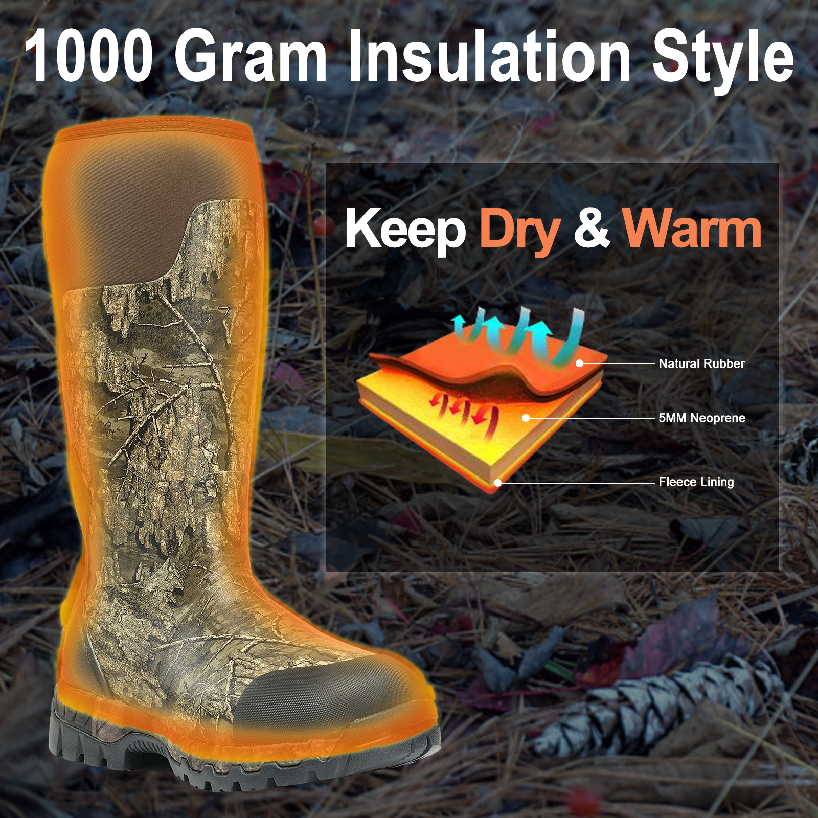 Mens Hunting Boots Muck Realtree Timber Camo Hunting Boots 100% Waterproof Natural Rubber Boots with 5mm Neoprene