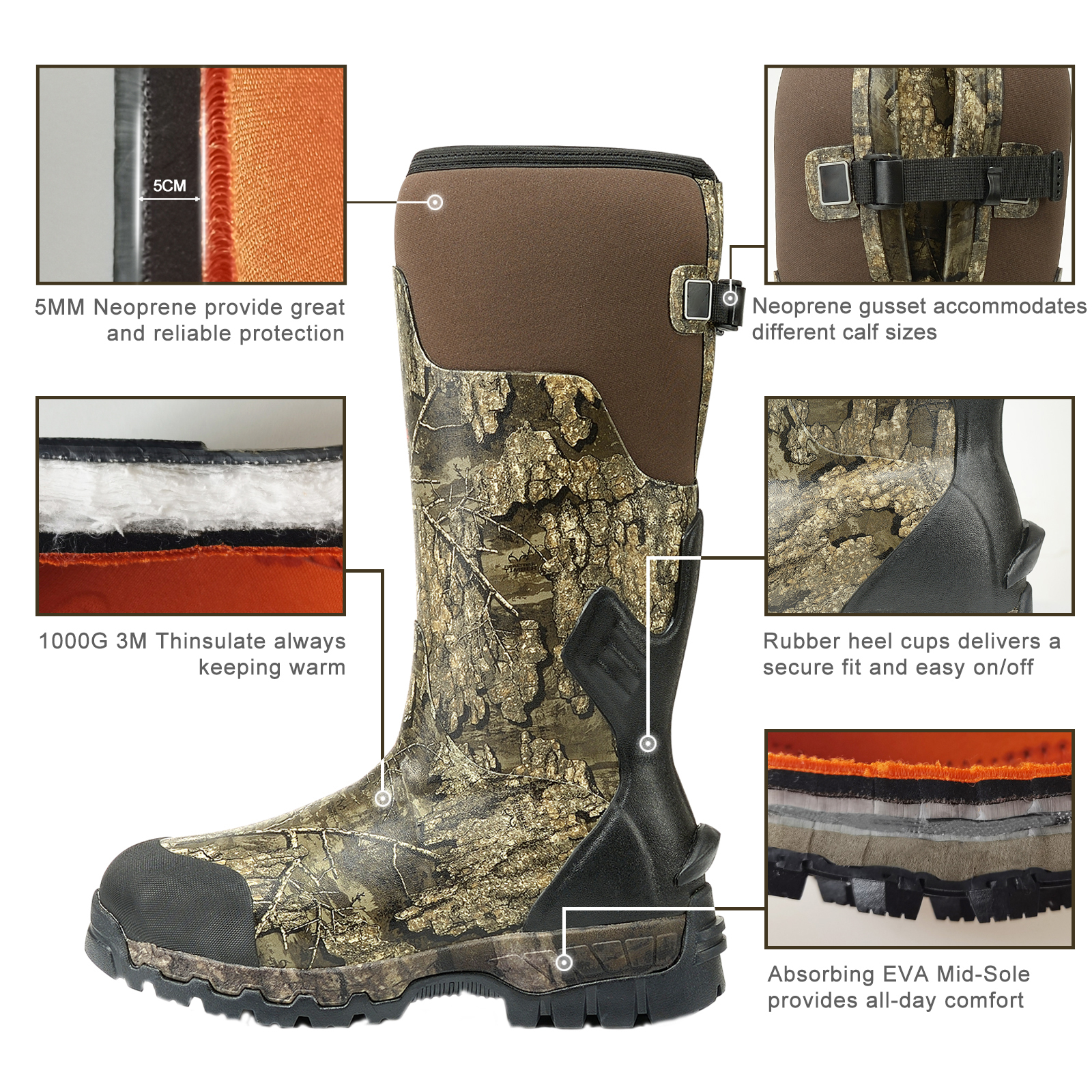 Mens Hunting Boots Muck Realtree Timber Camo Hunting Boots 100% Waterproof Natural Rubber Boots with 5mm Neoprene