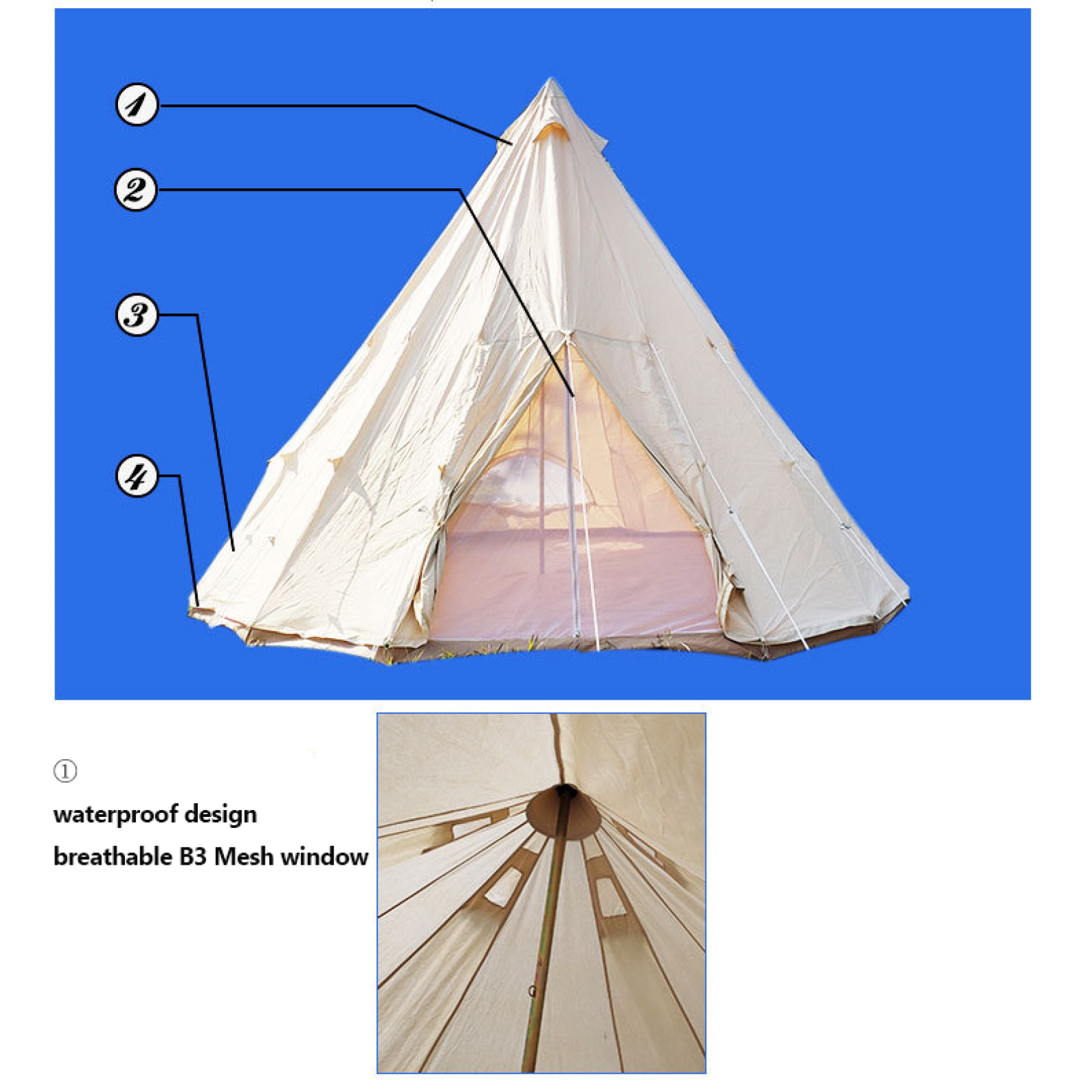 Outdoor Glamping Luxury Cotton Canvas Adults Indian Teepee Tent
