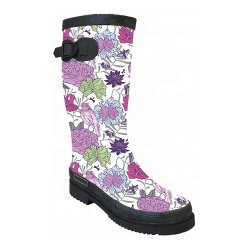 Womens Flower Printing Knee High Rubber Wellington Rain Boots