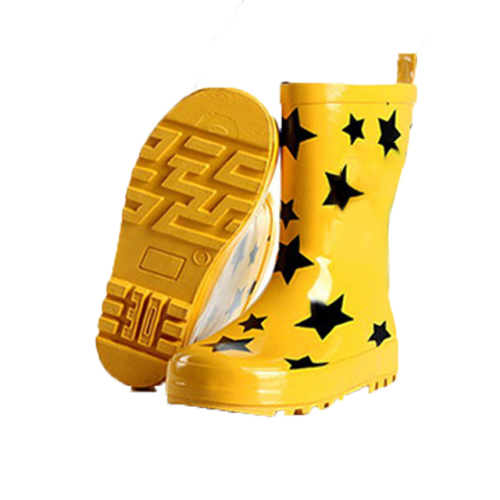 Yellow Natural Rubber Boots with Black Stars Printing for Children