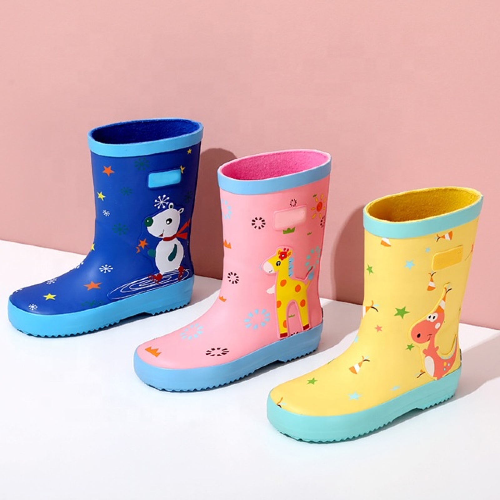 Customized Pink Waterproof Wellies Cute Anti-slip Gumboots Kids Rubber Rain Boots