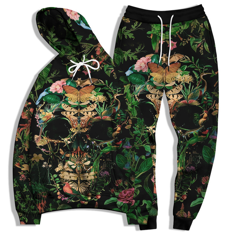3D digital printed rose skeleton pullover hooded sweater set
