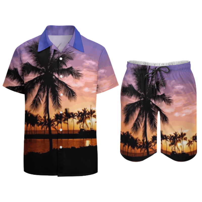 Hot Selling Multicolor Beach Summer Men's Hawaiian Short Sleeve Shirt Set