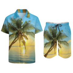Hot Selling Multicolor Beach Summer Men's Hawaiian Short Sleeve Shirt Set