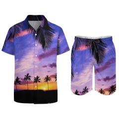 Hot Selling Multicolor Beach Summer Men's Hawaiian Short Sleeve Shirt Set