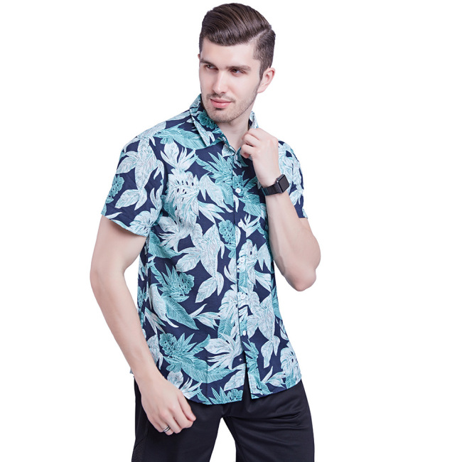 Printed Hawaiian Style Resort Silk Cotton Plus Size Men's Resort Shirt