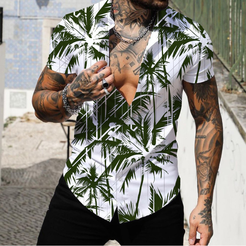 Fashionable Spring and Summer Men's Shirts Hawaiian Print Short Sleeve