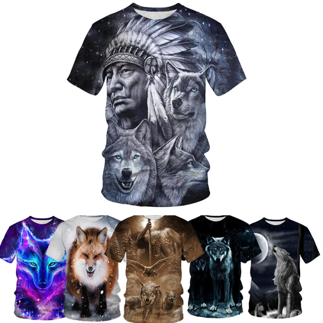 Luxury Designer 3d Digital Print T-Shirt Men Short Sleeve Animal Wolf