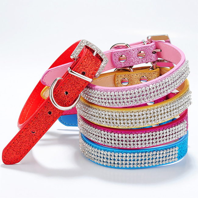 Wholesale Bling Rhinestones Shiny Diamonds Adjustable PU Leather Pet Collars with Buckle