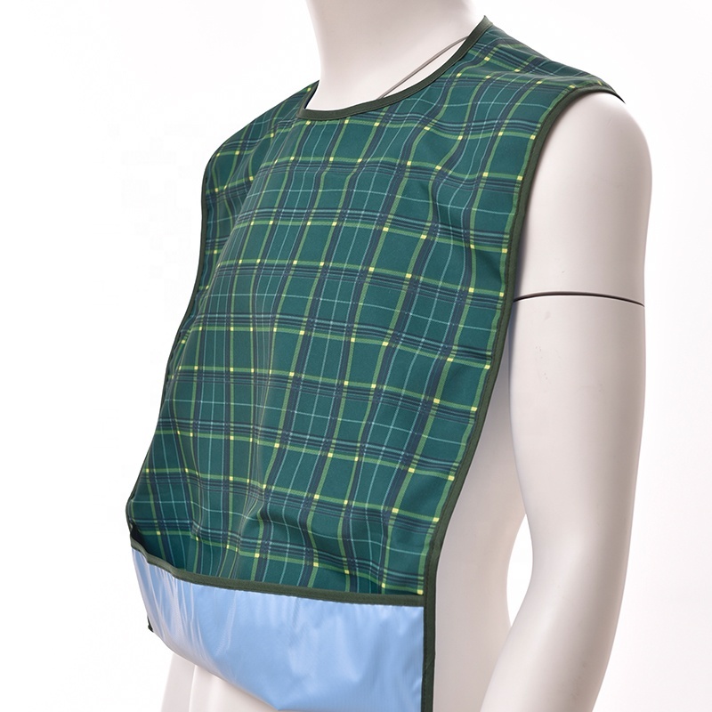 Green Lattice Pattern Waterproof Adult Bib Apron Removeable Crumb Catcher