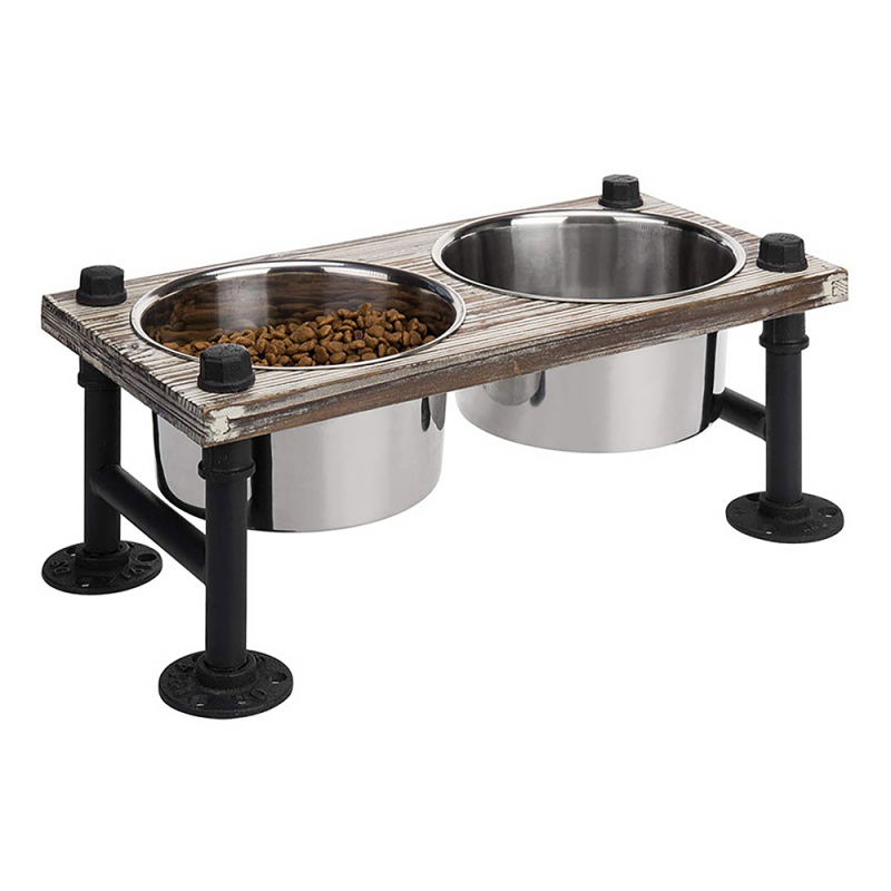 Elevated Iron Dog Cat Pet Food and Water Feeder Stand with 2 Stainless Steel Bowls