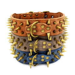 Wholesale Pet Studded Dog Collar Products Rivet Spiked Studded Genuine Leather Dog Collar for Small Medium Large Dog