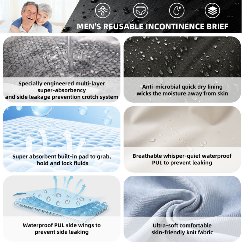 Wholesale Custom Men Incontinence Panties Reusable Urinary Washable Adult Incontinence Underwear for Men