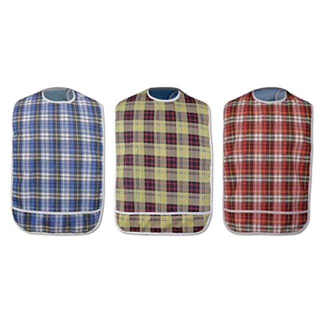 Protège-vêtements lavable tartan classique pour adulte avec attrape-miettes cousu.