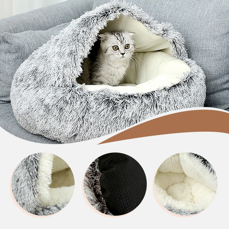 Winter Warm Faux Fur Solid Round Cat Bed Cave with Removable Washable Shell Half-Surrounded Design