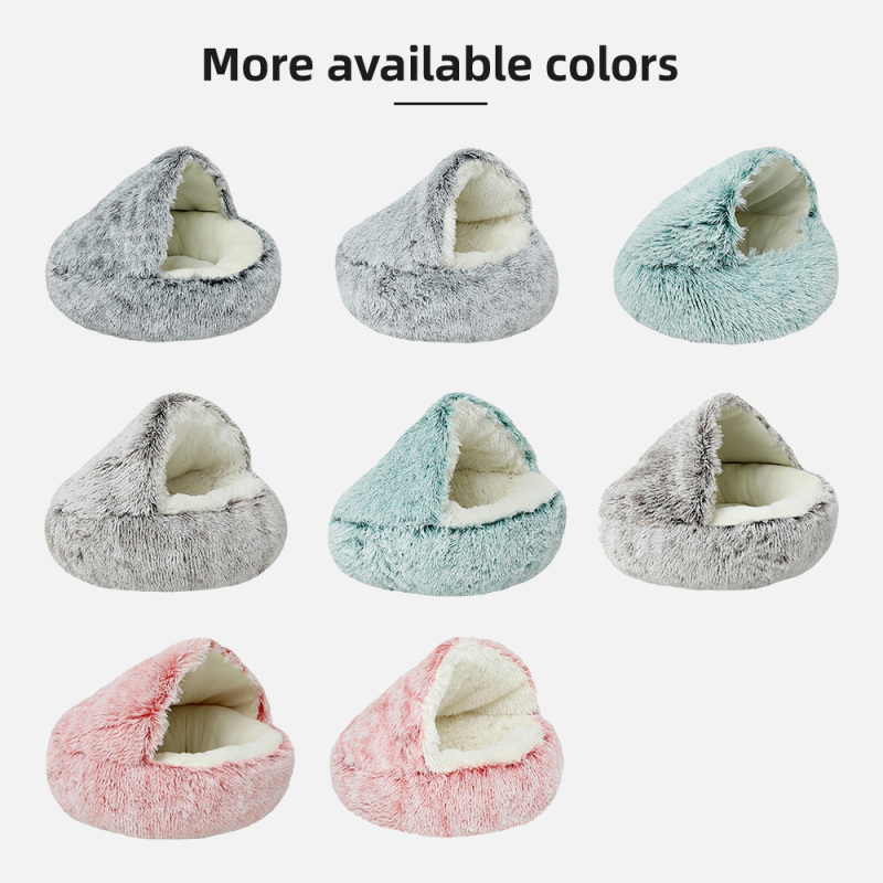 Winter Warm Faux Fur Solid Round Cat Bed Cave with Removable Washable Shell Half-Surrounded Design