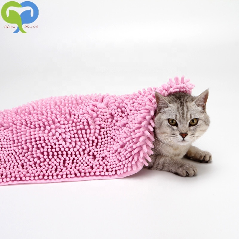 PINK 80x35cm Pet Bath Towel Ultra Soft Microfiber Chenille Dog Dry Towel Hand Pockets Super Absorbent Durable Quick Drying Towel