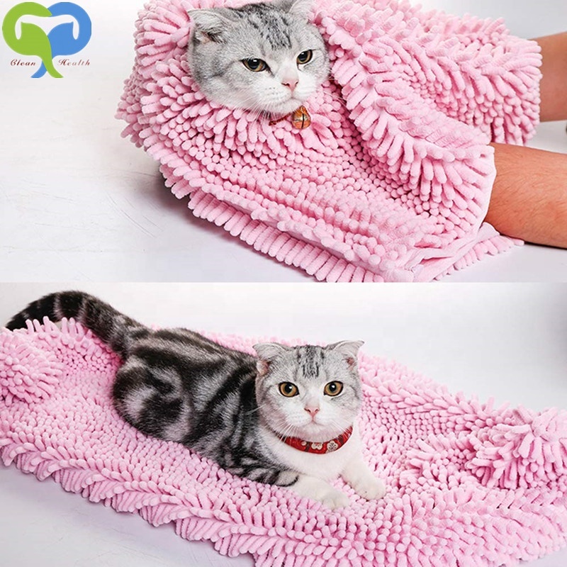 PINK 80x35cm Pet Bath Towel Ultra Soft Microfiber Chenille Dog Dry Towel Hand Pockets Super Absorbent Durable Quick Drying Towel